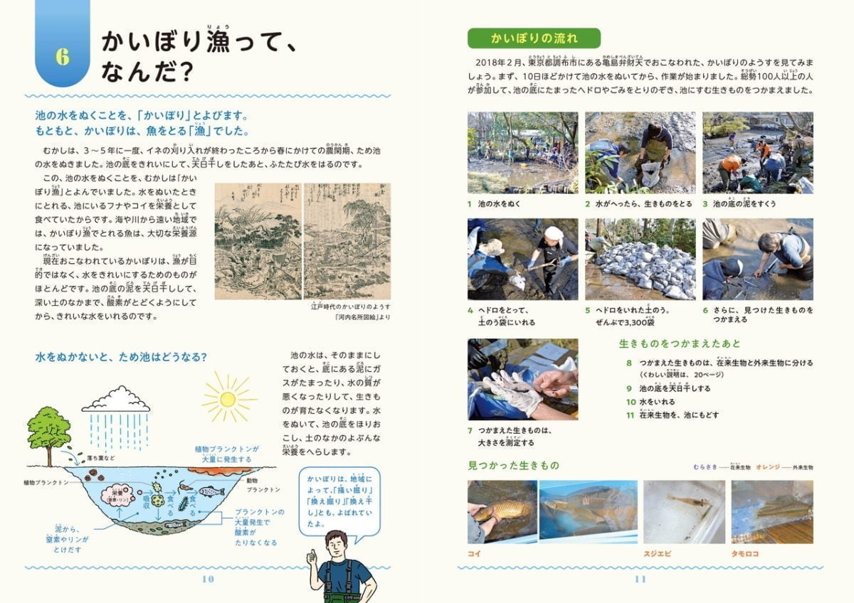 絵本「池の水をぬいた！ ため池の外来生物がわかる本」の一コマ