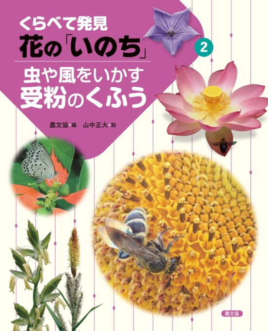 絵本「虫や風をいかす受粉のくふう(くらべて発見 花の「いのち」2)」の表紙（全体把握用）（中サイズ）