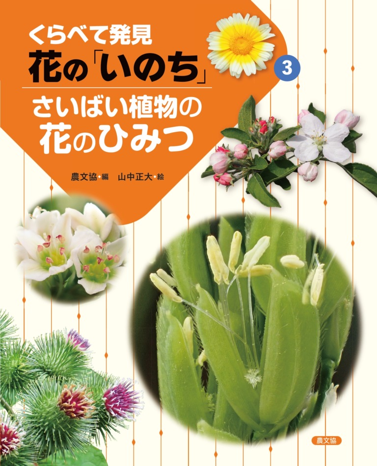 絵本「さいばい植物の花のひみつ(くらべて発見 花の「いのち」3)」の表紙（詳細確認用）（中サイズ）