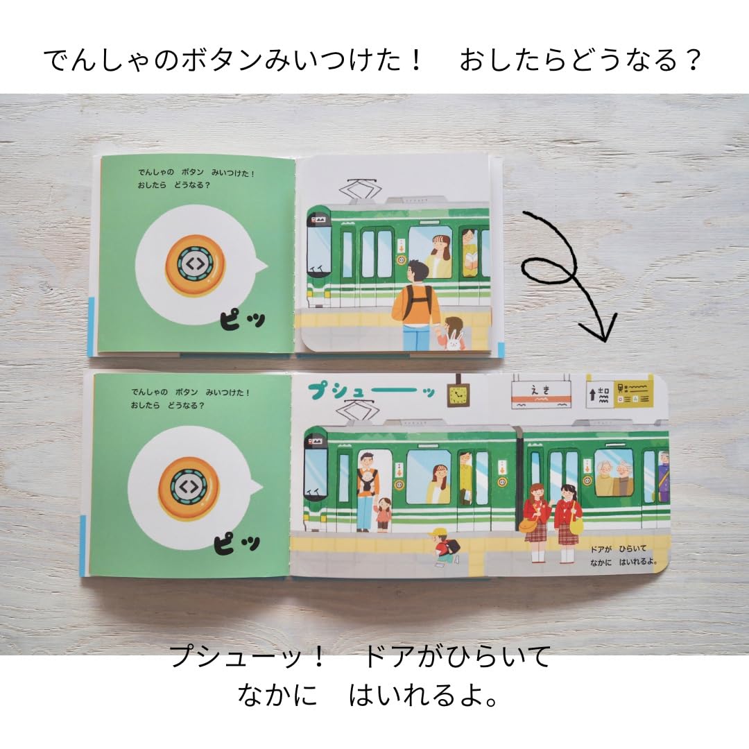 絵本「おして めくって ボタンえほん のりもの」の中面2